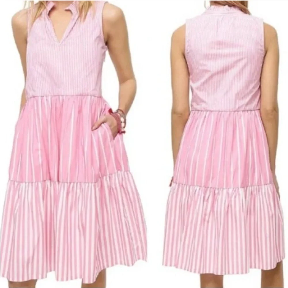 J. Crew Women's Sleeveless Tiered Popover Dress Mixed Stripe Pink Small Preppy